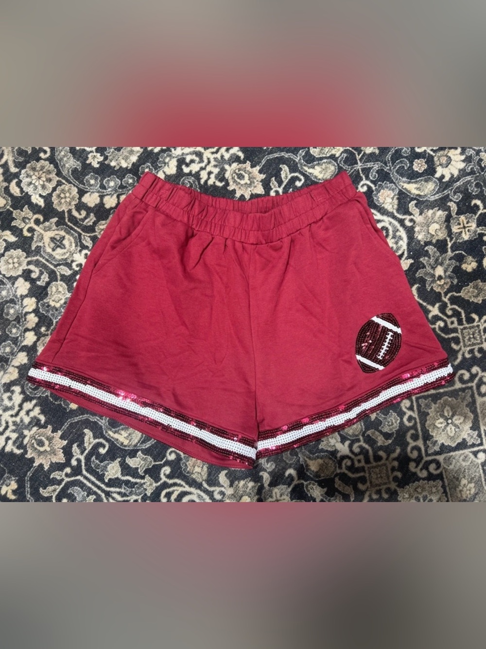 Umgee Maroon Athletic Shorts with Sequin Football & Trim